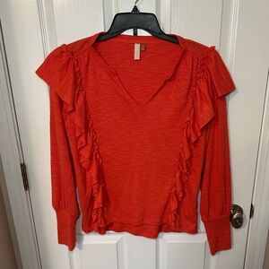 Anthropologie Pilcro Womens Sweater S Coral Cozy Popover Ruffled Preppy Cottage